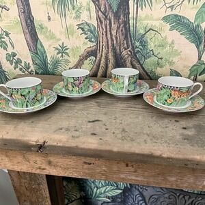 Ultra Porcelain by Sakura Magic Jungle Cup & Saucers, Set of 4 Vintage Tableware